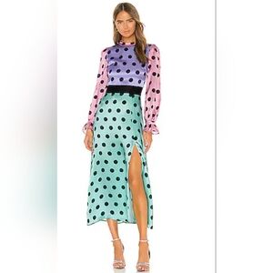 NWT OLIVIA RUBIN Marley Silk Color block Polka Dot Slit Dress 2